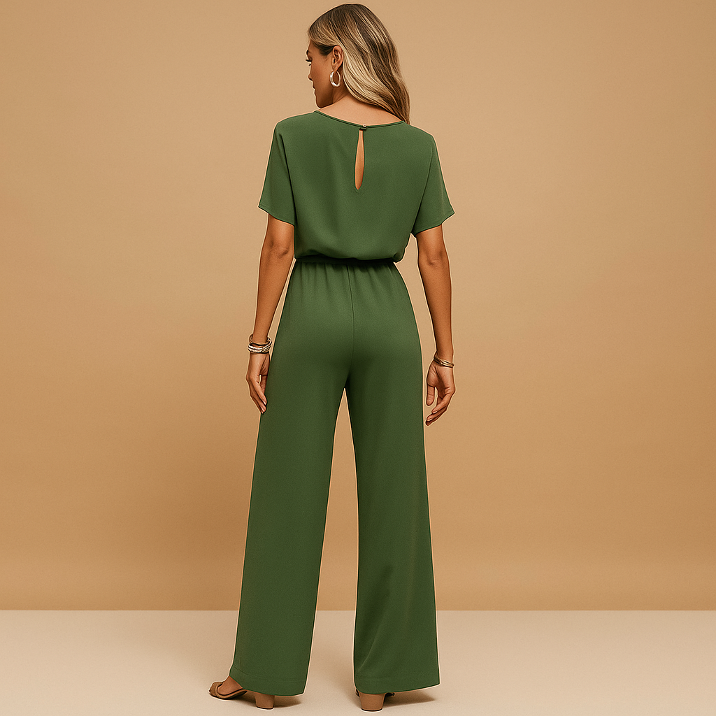 Elegant women's jumpsuit featuring a sleek tailored design & stylish flowy sleeves, perfect for evening wear.