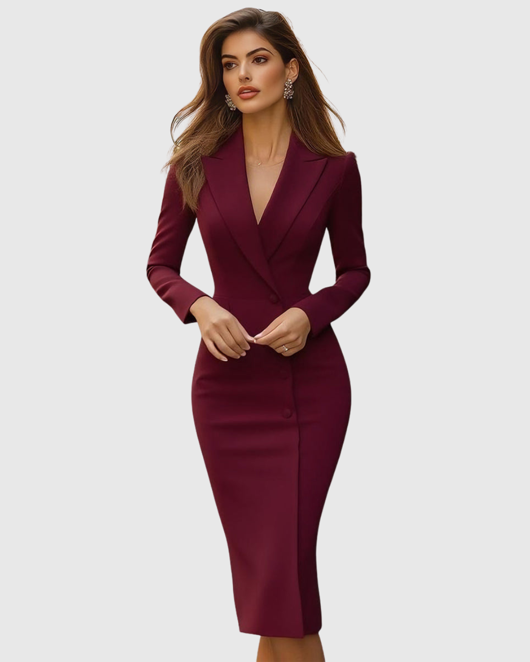 Versatile women's elegant tailored long sleeve midi dress, ideal for sophisticated party and business fashion.