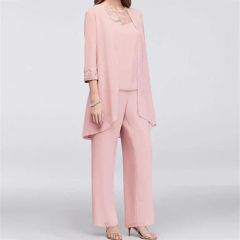 Elegant women's three-piece pant set for spring, featuring a coordinated blazer, top, and wide-leg pants.