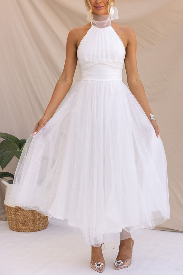Women's elegant tulle midi dress, sophisticated formal wear for wedding guests, parties & special occasions.