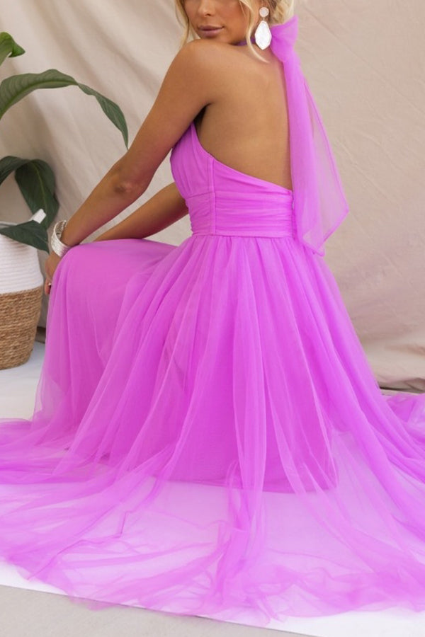 Sophisticated tulle midi dress, elegant design for wedding guest or formal party wear.