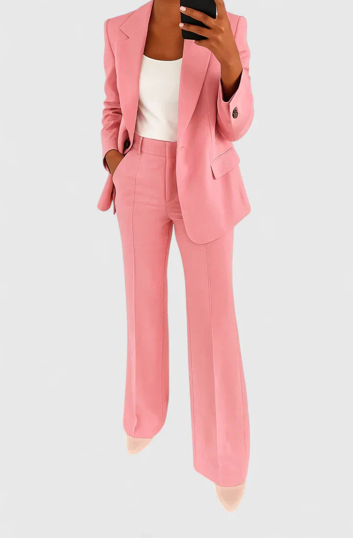 Elegant women's two-piece suit featuring a chic blazer and matching pants, ideal for office or formal wear.