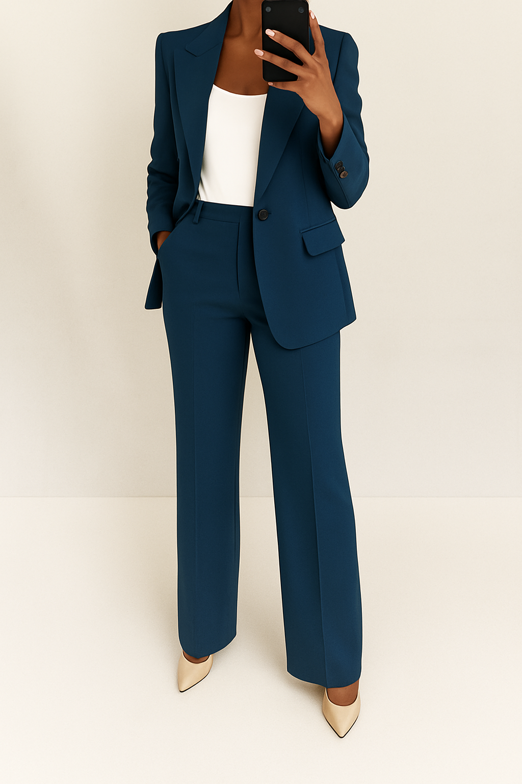 Complete women's elegant two-piece suit with a structured blazer and tailored trousers for a sharp business look.