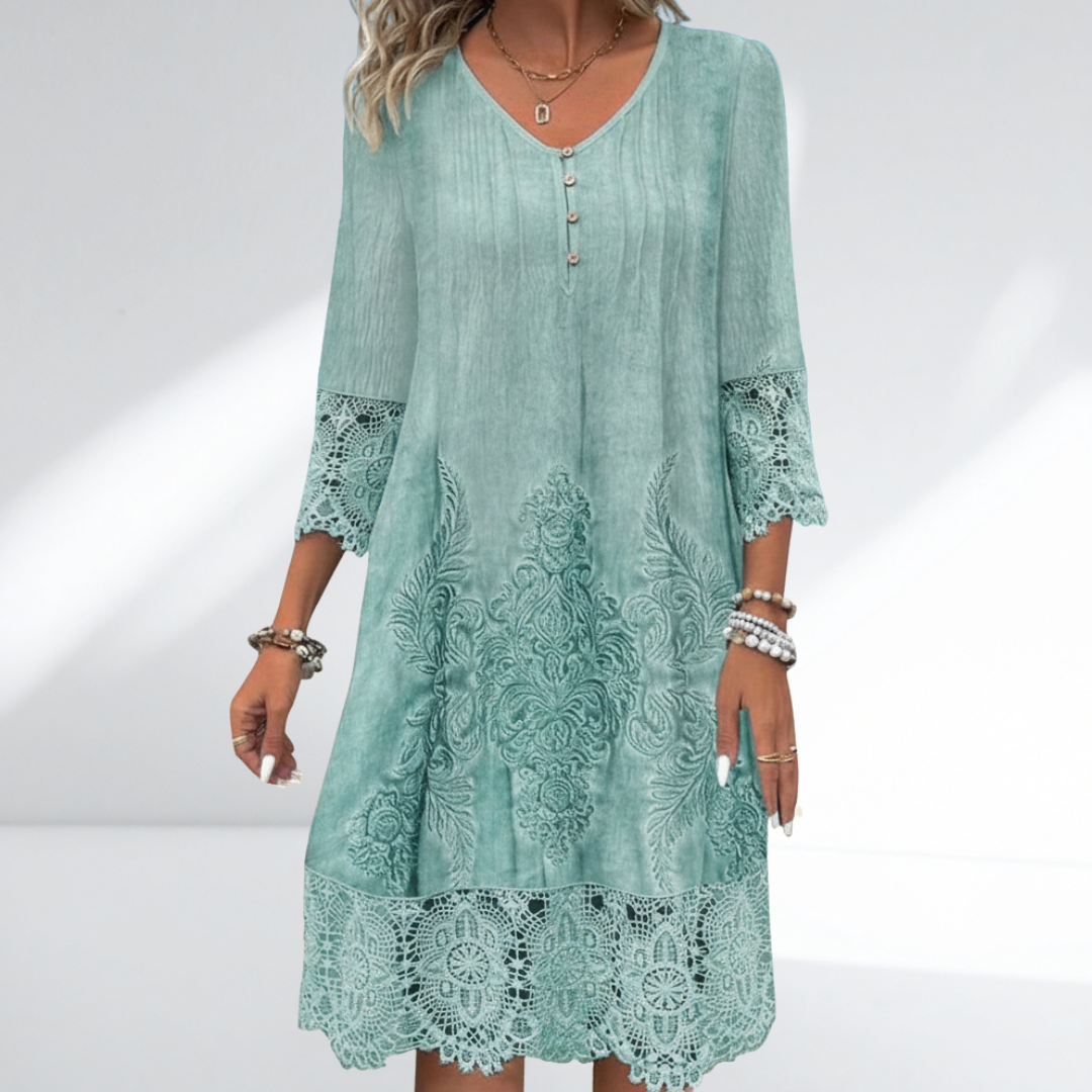 Elegant women's V-neck A-line midi dress with 3/4 sleeves. Versatile for casual or date night, flattering fit.