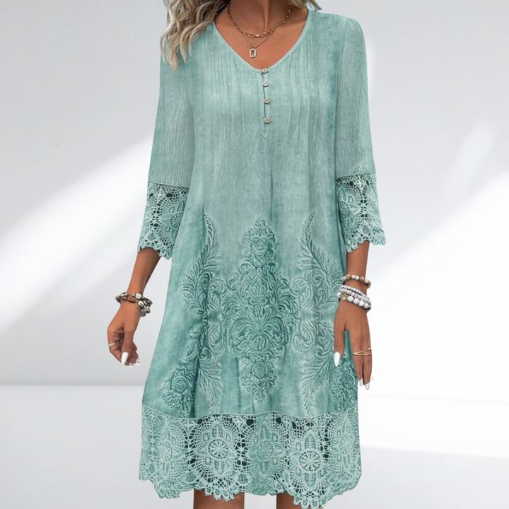 Elegant women's V-neck A-line midi dress with 3/4 sleeves. Versatile for casual or date night, flattering fit.