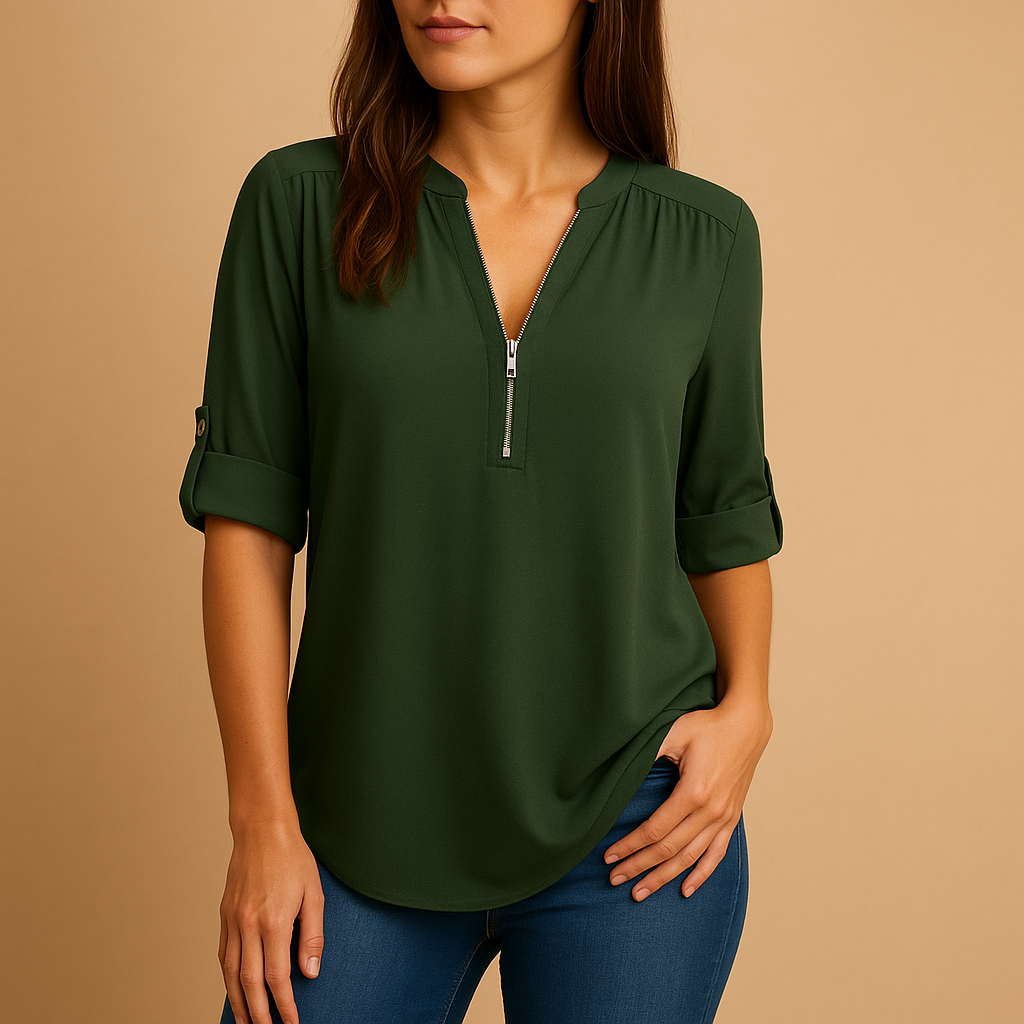 Stylish women's V-neck blouse, great for elegant everyday wear, summer & work fashion.