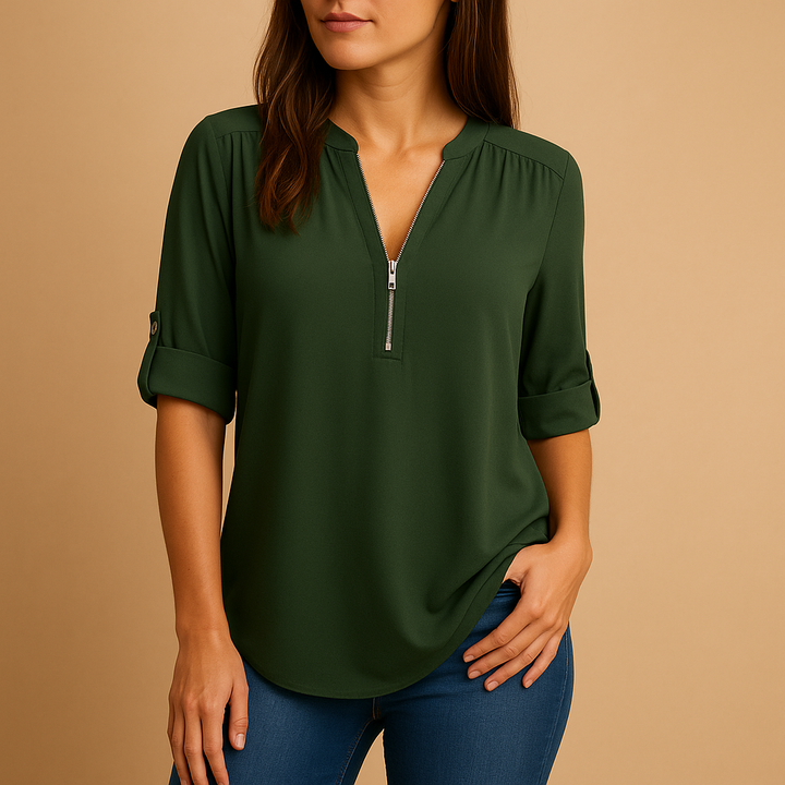 Stylish women's V-neck blouse, great for elegant everyday wear, summer & work fashion.