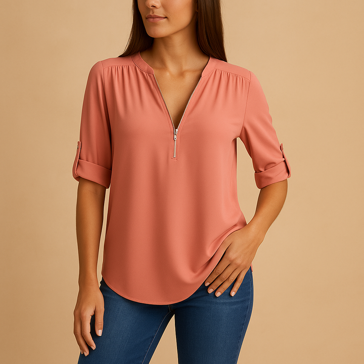 Fashionable V-neck women's top, an elegant blouse for versatile summer and work wear.