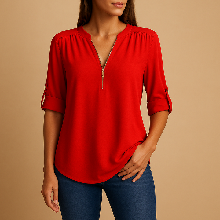 Soft V-neck ladies blouse, comfortable & stylish for summer, everyday elegance, or work.