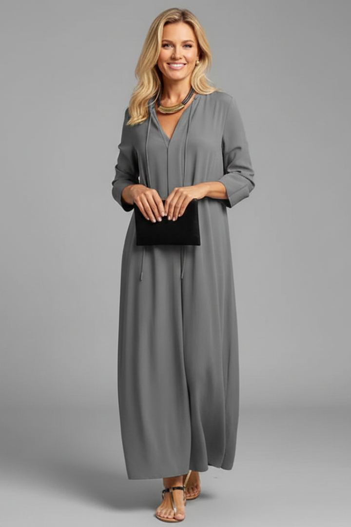 Elegant women's V-neck long sleeve ankle dress, suitable for both casual and dressier events.