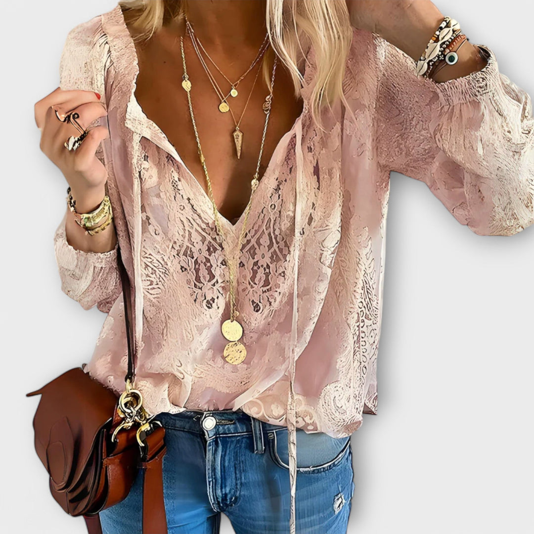 Relaxed fit pink long sleeve V-neck blouse with delicate lace details, a versatile and elegant women's fashion top.