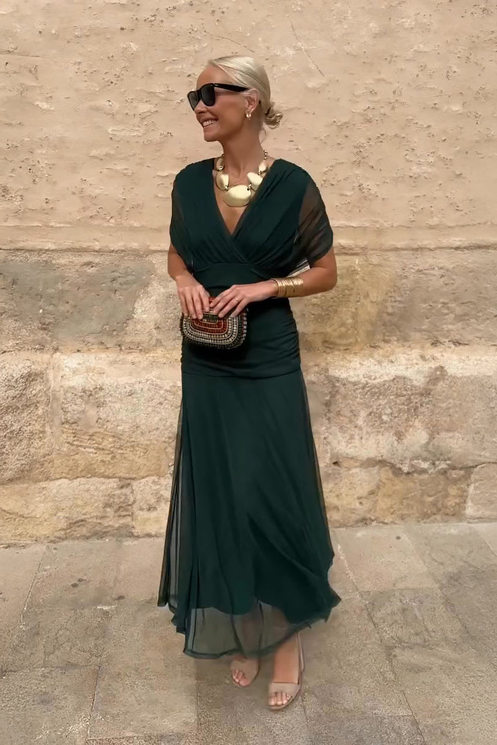 Elegant Women's V-Neck Maxi Wedding Guest Dress with flowing draped sleeves, perfect for formal events.