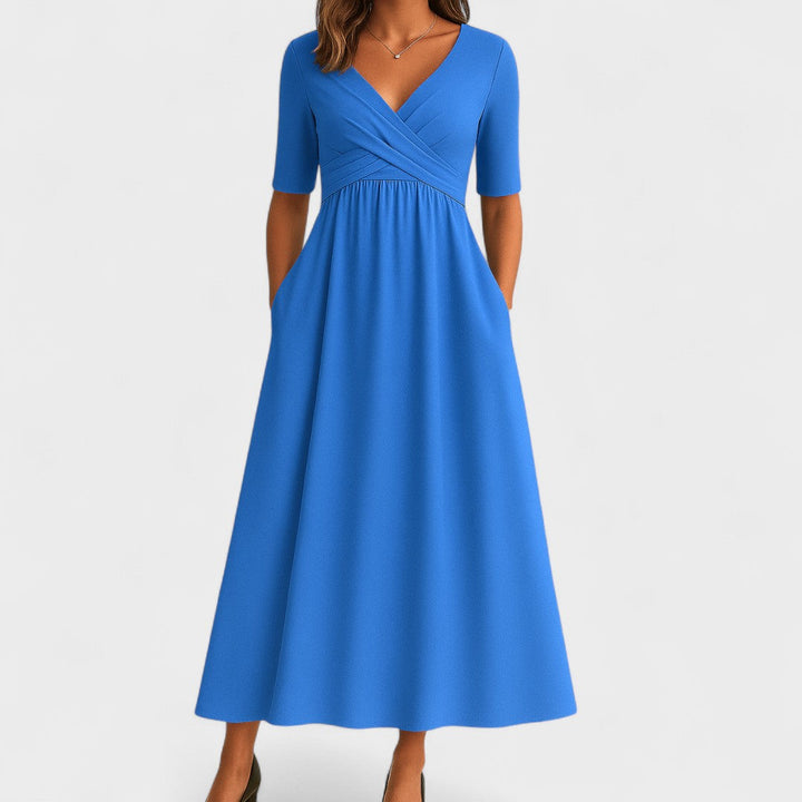 Summer chic V-neck midi dress for women, perfect for elegant party wear.