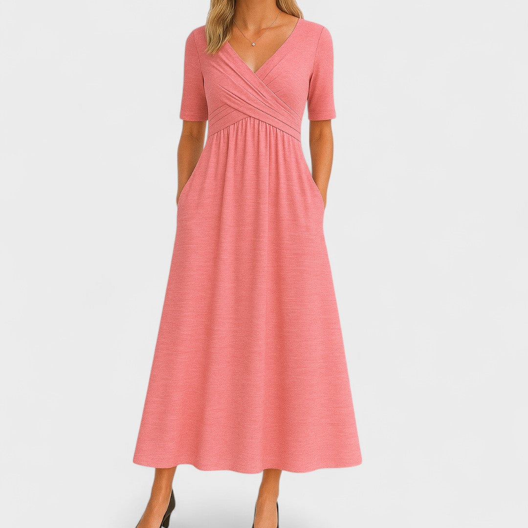 Stylish V-neck midi dress, women's elegant formal wear for cocktail and summer events.