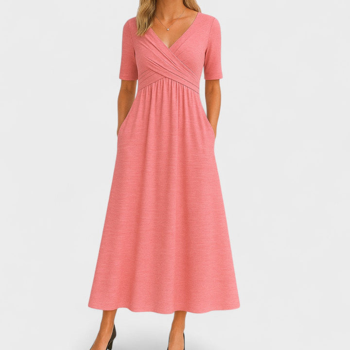 Stylish V-neck midi dress, women's elegant formal wear for cocktail and summer events.