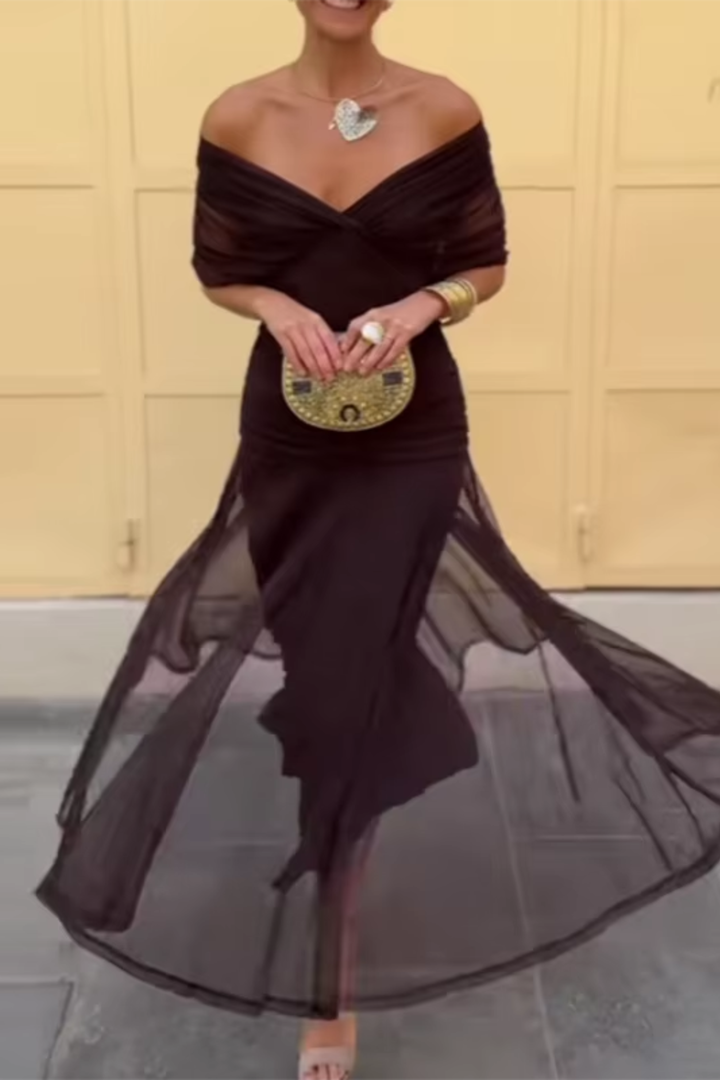 Versatile V-neck pleated maxi dress, suitable for weddings, proms & formal evening events.