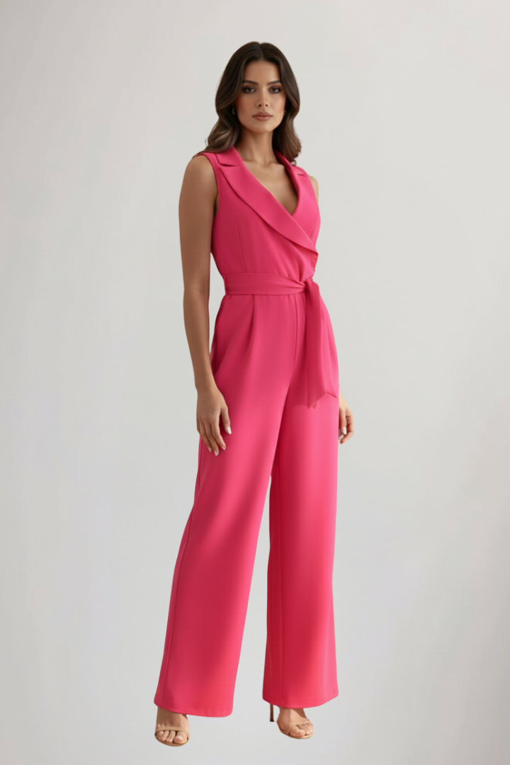 Beige elegant V-neck sleeveless jumpsuit with tie waist. Versatile for casual wear or dressed up chic outfits.