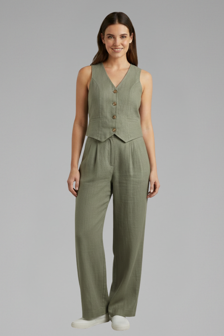 Fashionable women's two-piece outfit: V-neck waistcoat with wide leg pants. A stylish, comfortable matching set.