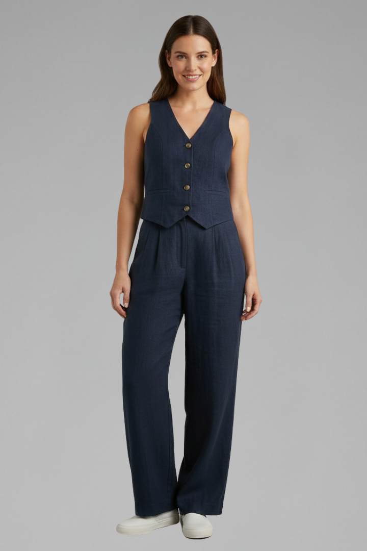 Stylish women's sleeveless V-neck waistcoat with comfortable wide leg pants, a chic two-piece matching set.