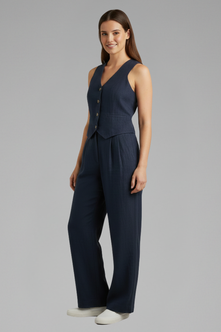 Sophisticated women's matching set featuring a V-neck waistcoat and flowing wide leg pants for an elegant look.
