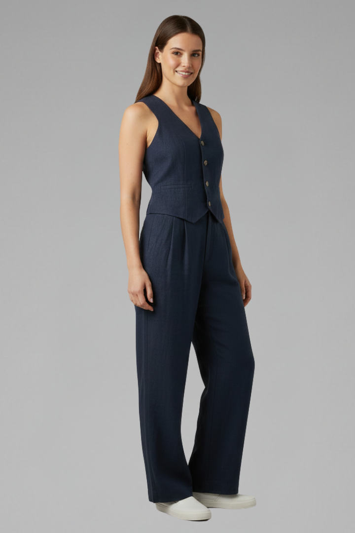 Chic women's V-neck waistcoat & high-waist wide leg pants. A stylish, comfortable two-piece set for any occasion.