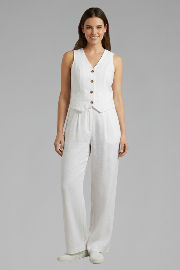 Professional yet relaxed women's matching set: V-neck waistcoat and comfortable wide leg pants for business casual.