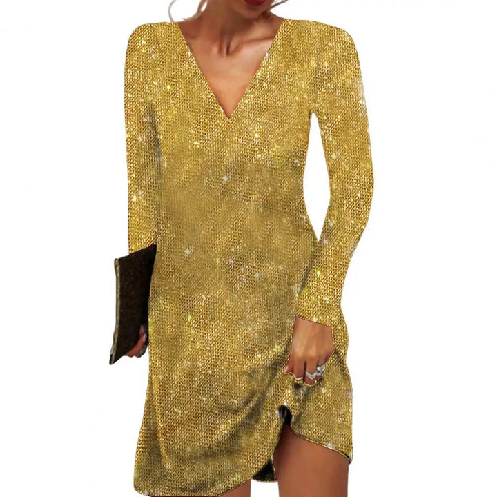 Elegant women's V-neck wrap midi dress, perfect for formal evening wear or sophisticated events.