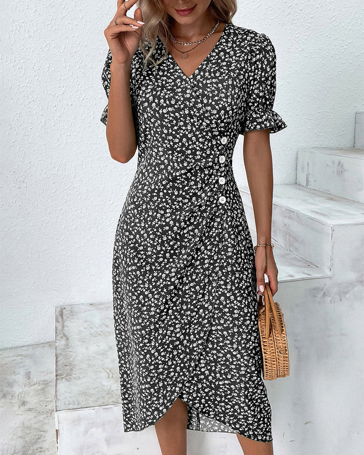 Stunning ladies' V-neck midi wrap dress with elegant puff sleeves, offering comfortable chic style.