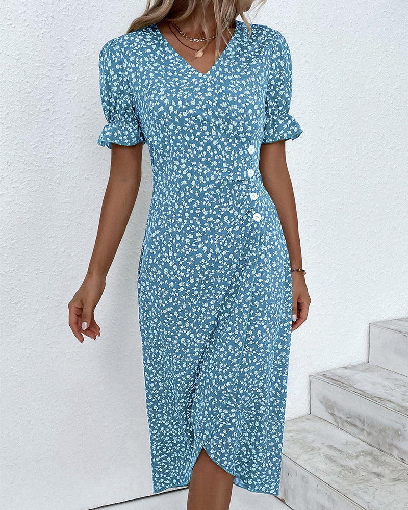 V-neck floral wrap midi dress for women, designed with elegant puff sleeves for a chic look.