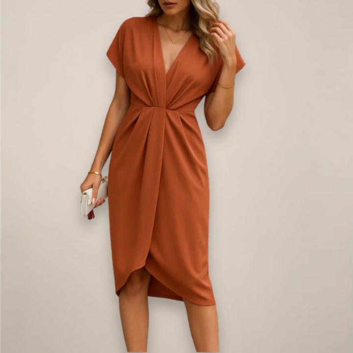Women's midi V-neck wrap dress, ideal for summer, featuring a flattering and flowy design.
