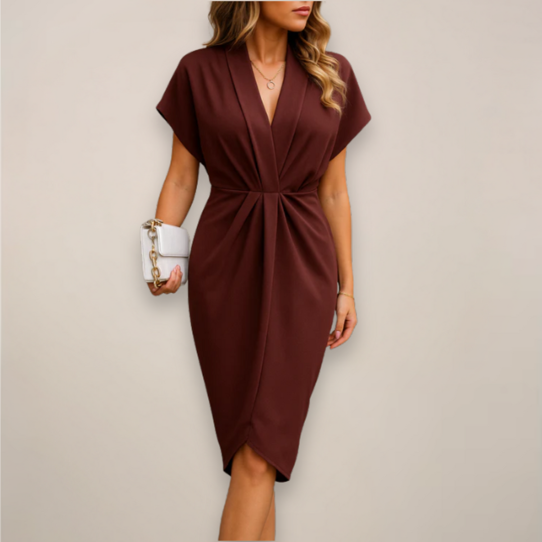 Flowy V-neck wrap midi dress for women, a perfect elegant casual summer attire.