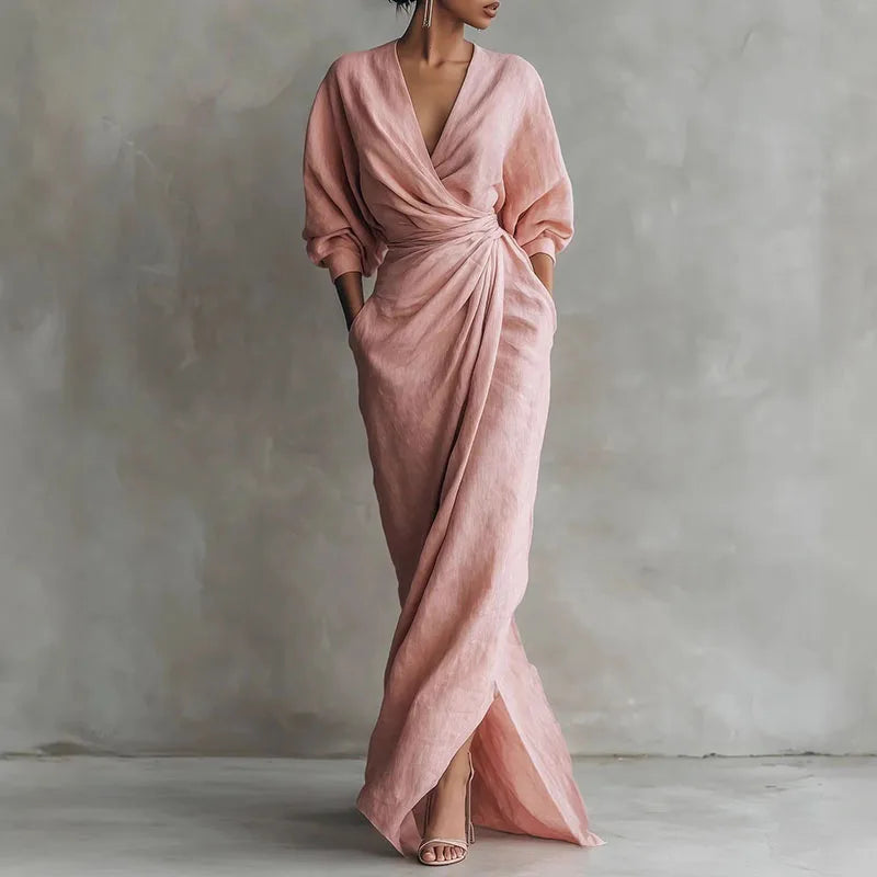 Elegant women's V-neck wrap waist long dress, perfect for formal events, evening wear, or parties.