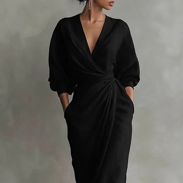 Stylish V-neck wrap long dress for women, a versatile elegant option for evening events, parties, or sophisticated casual.