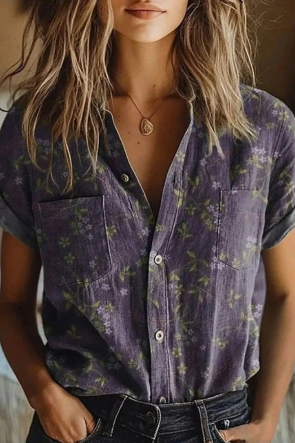 Women's vintage floral lapel blouse with vibrant print, long sleeves & button-down. Perfect for elegant spring/summer style.