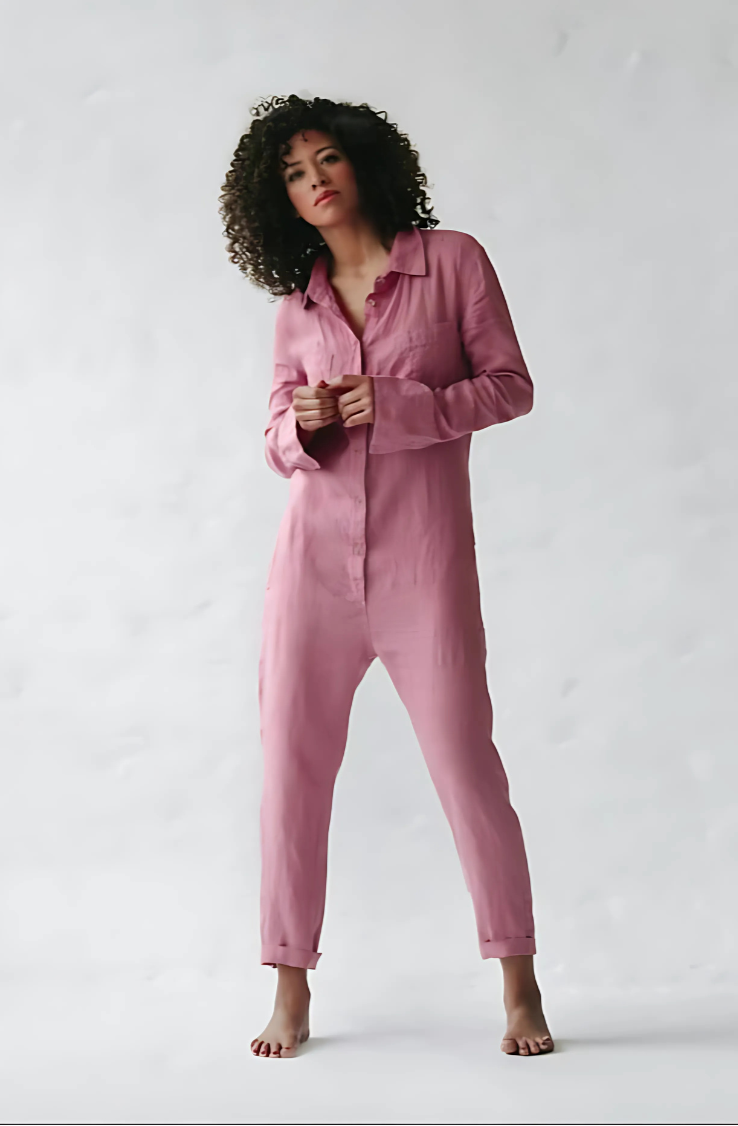 Comfortable women's relaxed fit jumpsuit, elegant vintage style with functional button front & pockets.