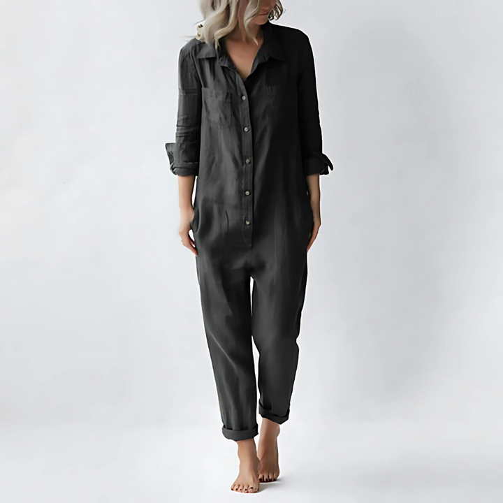 Women's vintage style relaxed fit jumpsuit with button front, ankle-length, offering chic elegance.