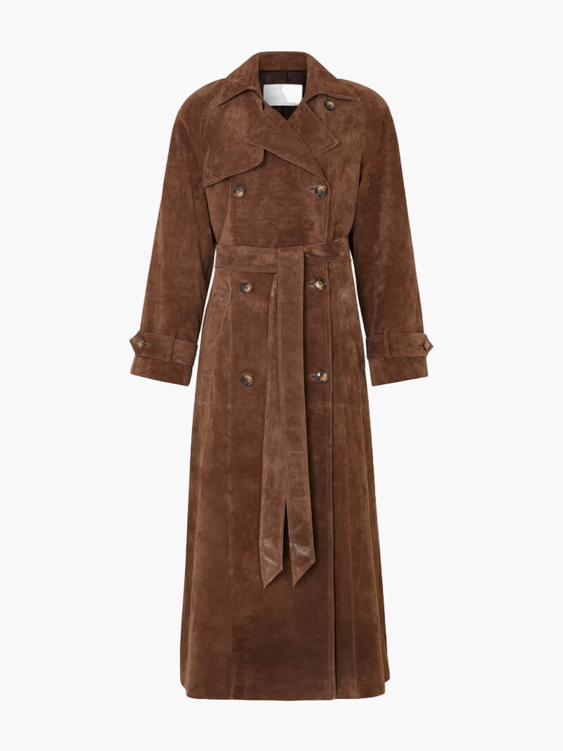 Elegant women's warm belted trench coat in a classic style, perfect for fall fashion outerwear.