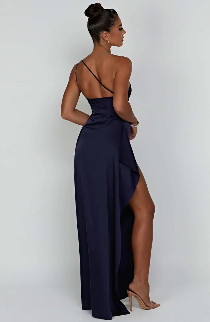 Graceful white asymmetric one-shoulder maxi dress, an elegant party dress for women in a summery fabric.