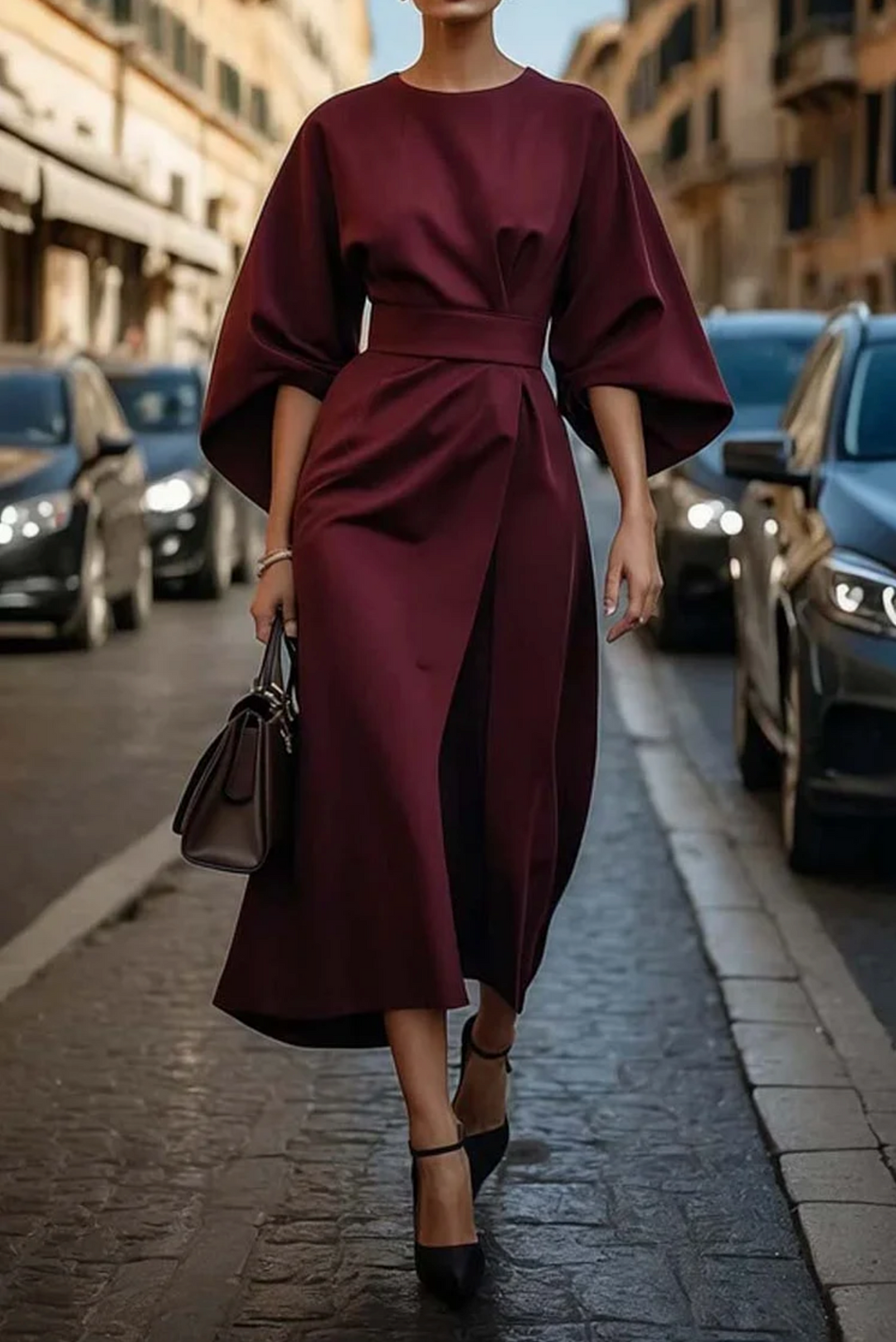 Chic women's party dress showcasing elegant lantern sleeves and a stylish matching belt.