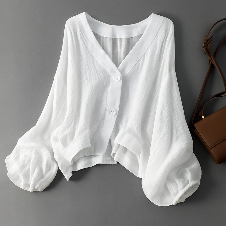 Elegant women's white linen blend blouse with voluminous balloon sleeves, front button-down closure, perfect for summer casual wear.