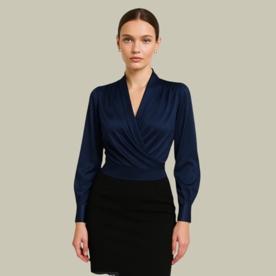 Elegant women's white satin blouse with a sophisticated wrap front and long sleeves for formal wear