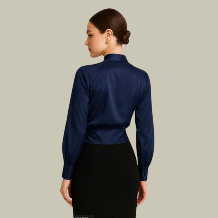 Chic women's satin wrap front blouse, long-sleeved, perfect for versatile casual and formal outfits