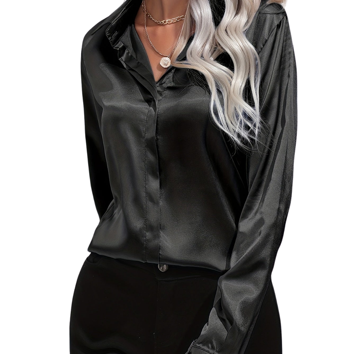 Elegant women's white satin long sleeve button down blouse, perfect for formal or casual wear.