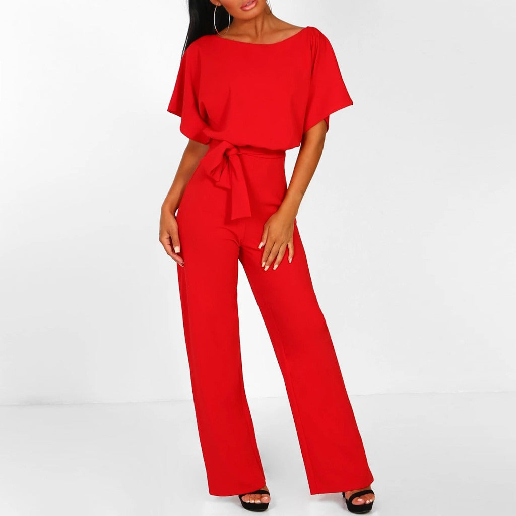 Modern women's wide-leg jumpsuit with an elegant belted waist, offering a chic, versatile, and sophisticated look.