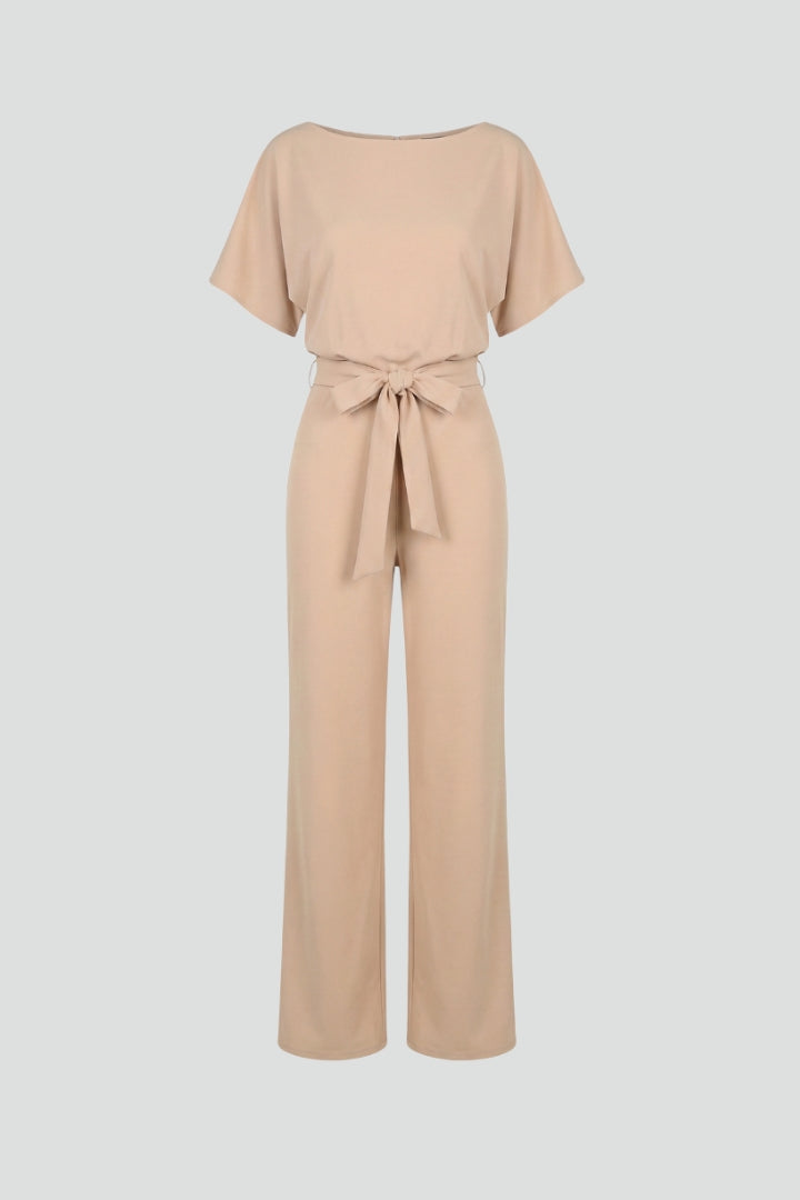 Elegant women's wide-leg jumpsuit with waist tie, perfect for spring/summer casual or chic wear.