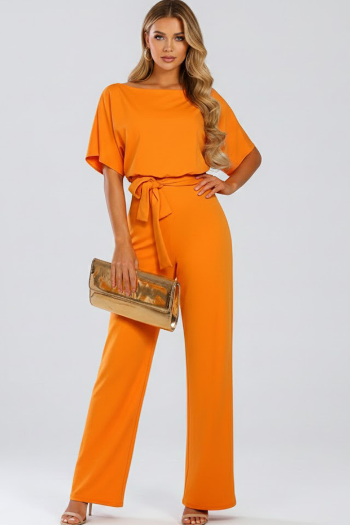 Trendy women's wide-leg jumpsuit, a modern take on elegant casual wear, complete with a stylish waist tie.