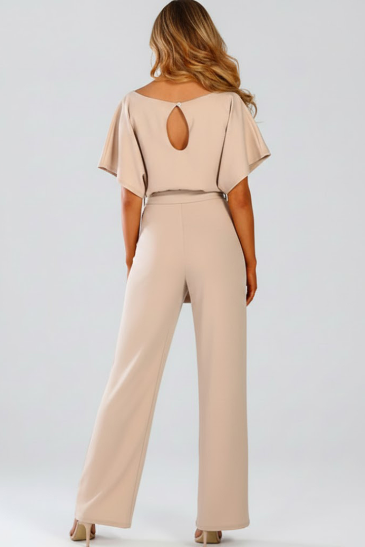 Full-length wide-leg jumpsuit for women, featuring a chic short sleeve design & adjustable waist tie.