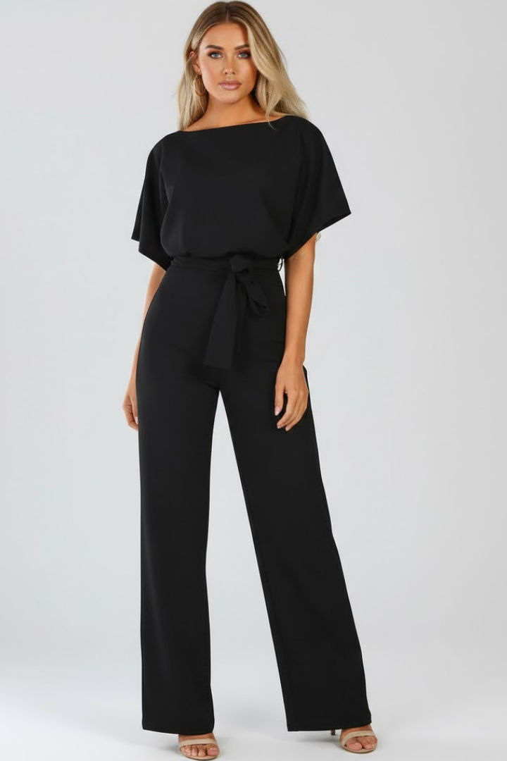 Chic women's wide-leg jumpsuit, a perfect spring outfit or elegant summer apparel with a flattering waist tie.