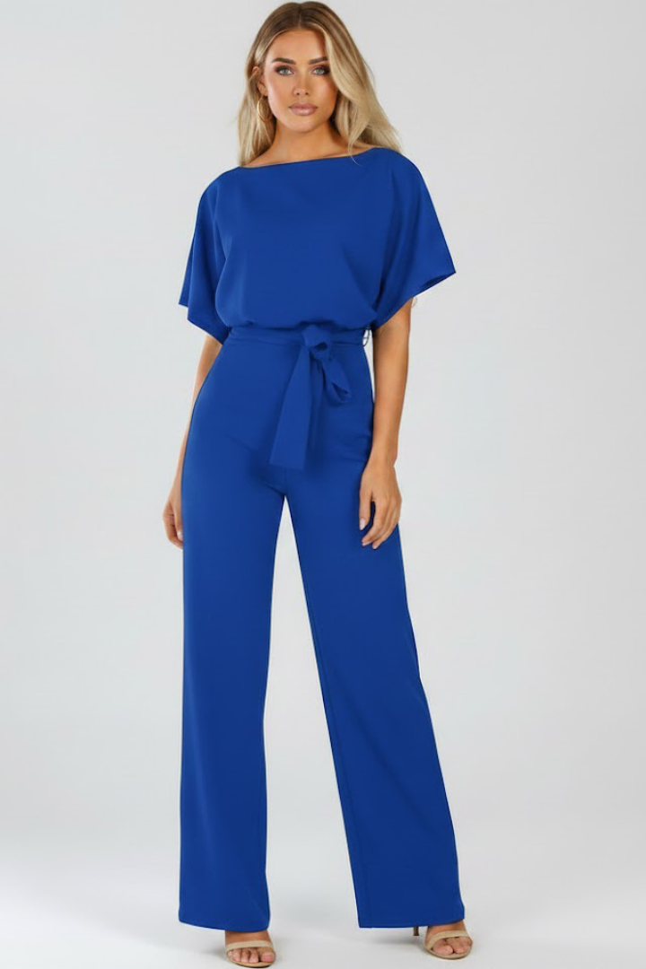 Sophisticated women's wide-leg jumpsuit with short sleeves & a flattering self-tie waist, very elegant.