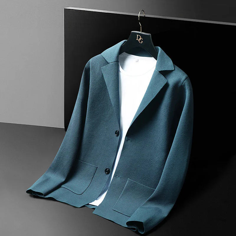 Elegant women's wool knit cardigan blazer in a sophisticated style, perfect for formal or casual chic outfits.